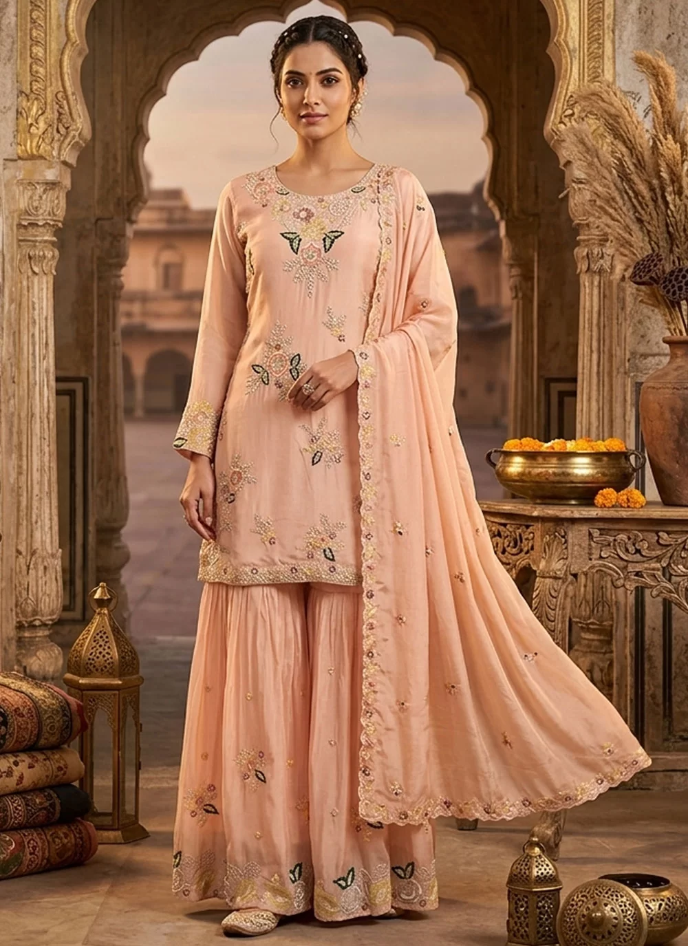 Pink Faux Crepe Salwar Suit With Embroidery